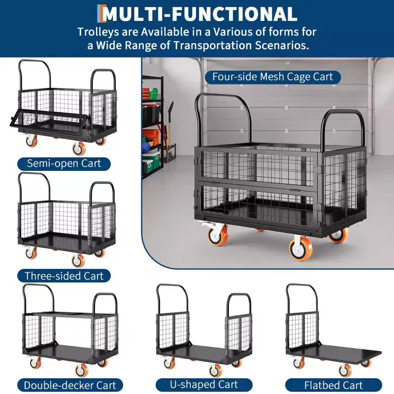 Chariot de plateforme 2000 lb avec cage, chariot à main pliant 6 en 1 robuste avec cage, chariot de manutention pliable