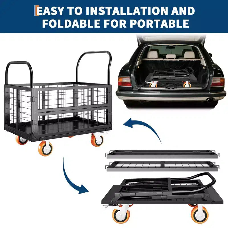Chariot de plateforme 2000 lb avec cage, chariot à main pliant 6 en 1 robuste avec cage, chariot de manutention pliable