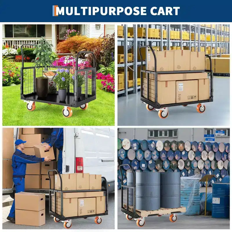 Chariot de plateforme 2000 lb avec cage, chariot à main pliant 6 en 1 robuste avec cage, chariot de manutention pliable