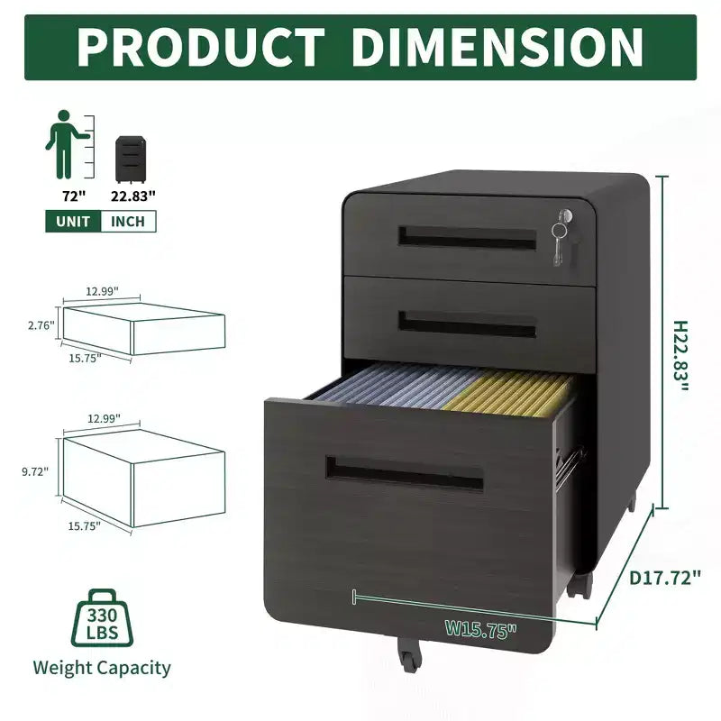 Meuble de rangement mobile 23H avec serrure - Entièrement en acier, entièrement assemblé, conception anti-basculement et roulettes verrouillables, compatible A4/Lettre, pour la maison/le bureau (noir)