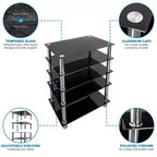 Mount-It! Meuble TV/Hi-Fi en verre trempé, tour audio et meuble multimédia à 5 étagères, capacité totale de 100 kg, étagères noires, pieds chromés