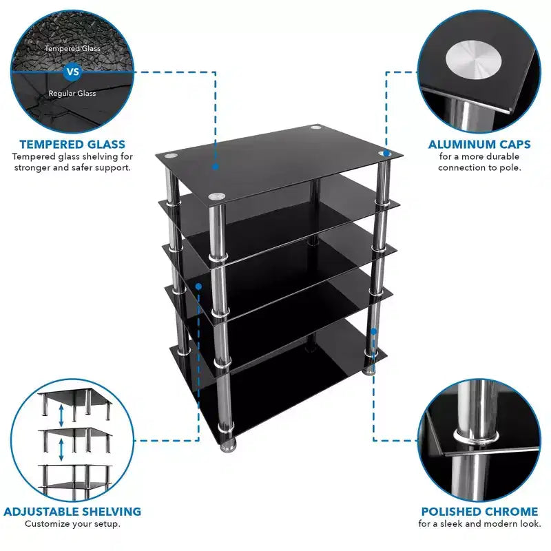 Mount-It! Meuble TV/Hi-Fi en verre trempé, tour audio et meuble multimédia à 5 étagères, capacité totale de 100 kg, étagères noires, pieds chromés