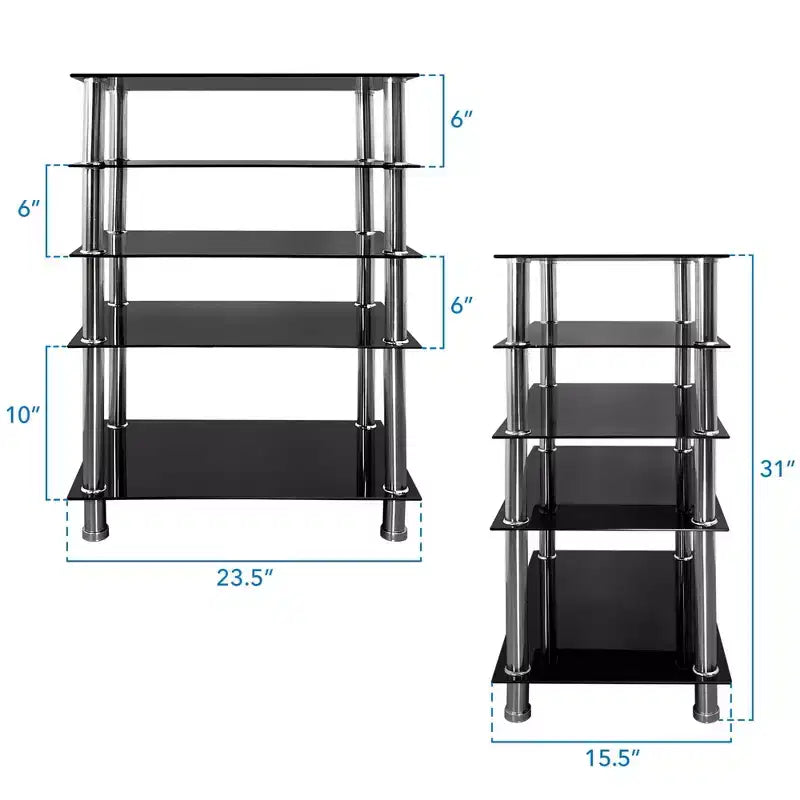 Mount-It! Meuble TV/Hi-Fi en verre trempé, tour audio et meuble multimédia à 5 étagères, capacité totale de 100 kg, étagères noires, pieds chromés