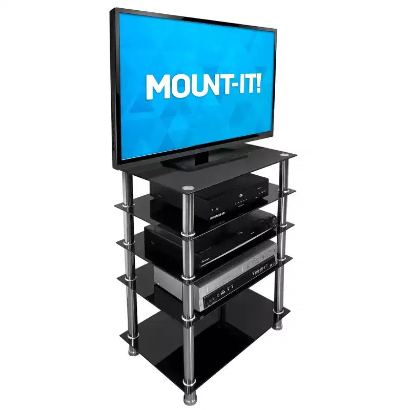 Mount-It! Meuble TV/Hi-Fi en verre trempé, tour audio et meuble multimédia à 5 étagères, capacité totale de 100 kg, étagères noires, pieds chromés