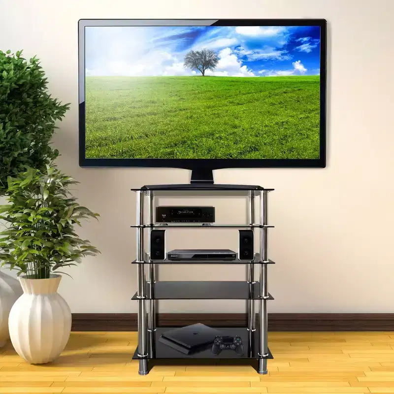Mount-It! Meuble TV/Hi-Fi en verre trempé, tour audio et meuble multimédia à 5 étagères, capacité totale de 100 kg, étagères noires, pieds chromés